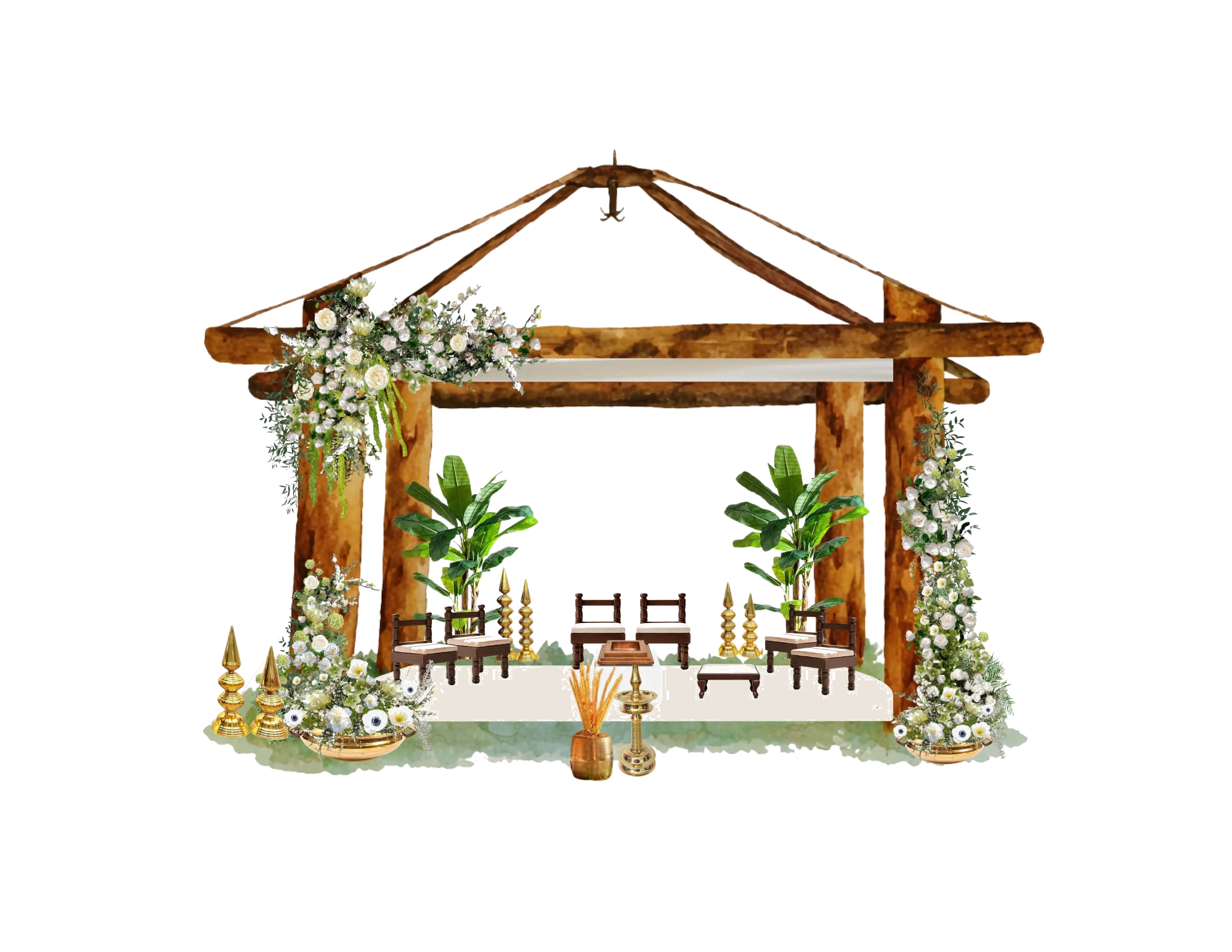 Indian wedding mandap with banana trees and floral arrangements